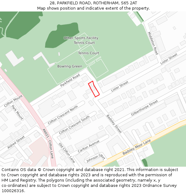 28, PARKFIELD ROAD, ROTHERHAM, S65 2AT: Location map and indicative extent of plot
