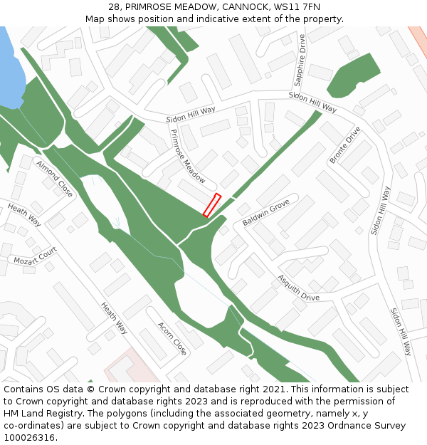 28, PRIMROSE MEADOW, CANNOCK, WS11 7FN: Location map and indicative extent of plot