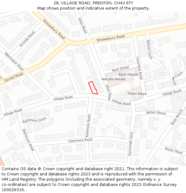 28, VILLAGE ROAD, PRENTON, CH43 6TY: Location map and indicative extent of plot