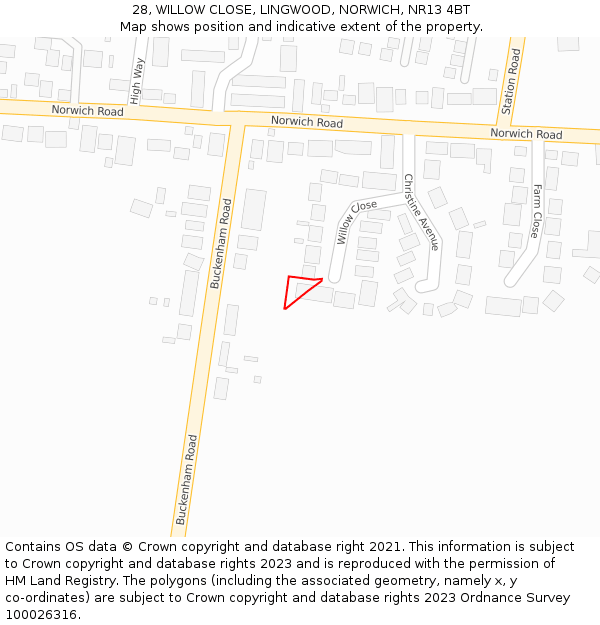 28, WILLOW CLOSE, LINGWOOD, NORWICH, NR13 4BT: Location map and indicative extent of plot