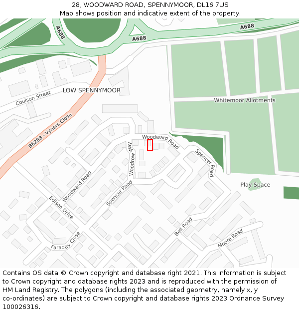 28, WOODWARD ROAD, SPENNYMOOR, DL16 7US: Location map and indicative extent of plot