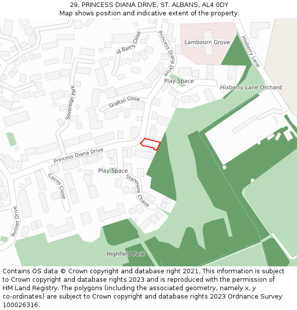 29, PRINCESS DIANA DRIVE, ST. ALBANS, AL4 0DY: Location map and indicative extent of plot