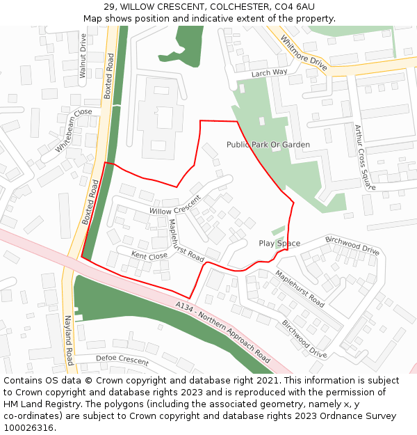 29, WILLOW CRESCENT, COLCHESTER, CO4 6AU: Location map and indicative extent of plot