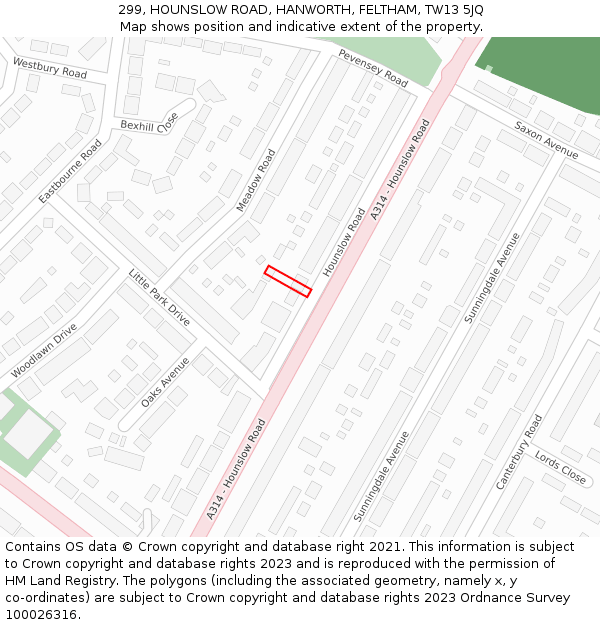299, HOUNSLOW ROAD, HANWORTH, FELTHAM, TW13 5JQ: Location map and indicative extent of plot