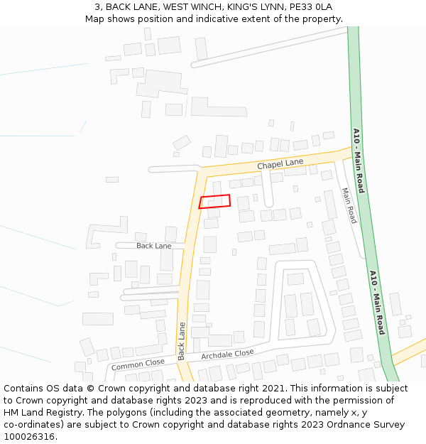 3, BACK LANE, WEST WINCH, KING'S LYNN, PE33 0LA: Location map and indicative extent of plot