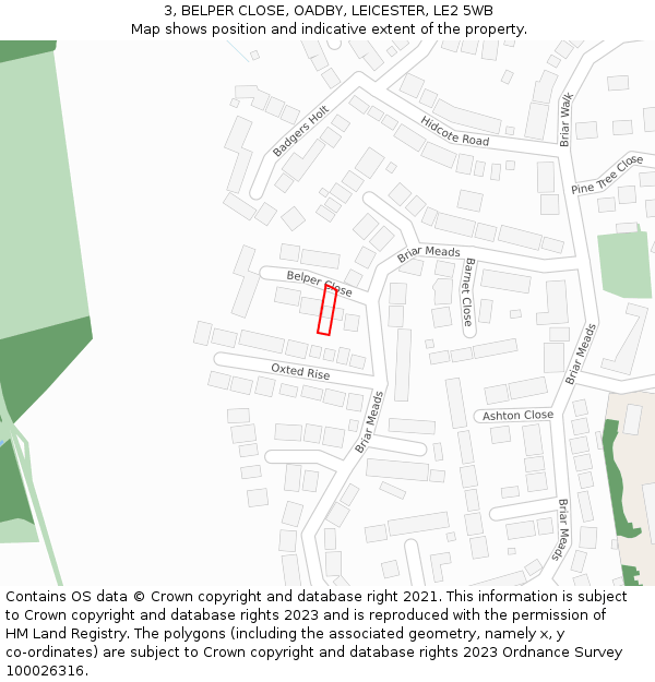 3, BELPER CLOSE, OADBY, LEICESTER, LE2 5WB: Location map and indicative extent of plot