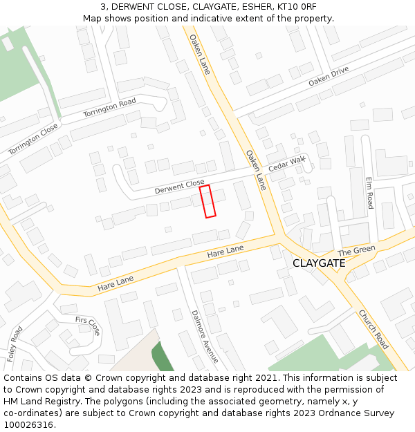 3, DERWENT CLOSE, CLAYGATE, ESHER, KT10 0RF: Location map and indicative extent of plot