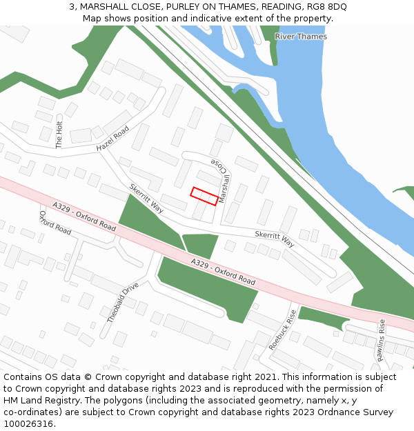 3, MARSHALL CLOSE, PURLEY ON THAMES, READING, RG8 8DQ: Location map and indicative extent of plot