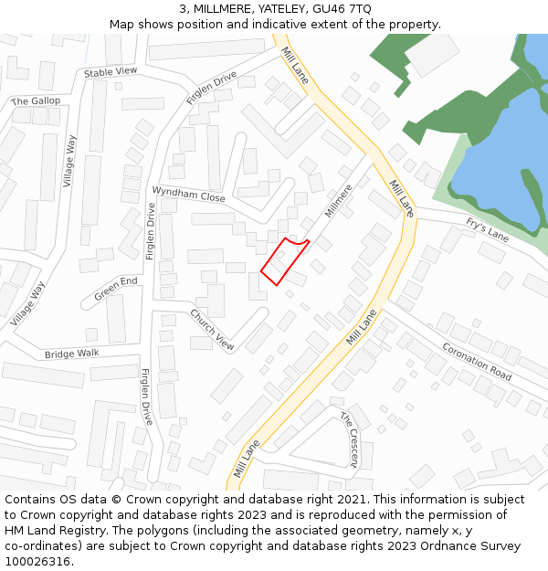 3, MILLMERE, YATELEY, GU46 7TQ: Location map and indicative extent of plot
