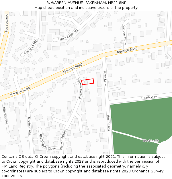 3, WARREN AVENUE, FAKENHAM, NR21 8NP: Location map and indicative extent of plot