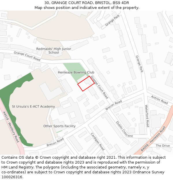 30, GRANGE COURT ROAD, BRISTOL, BS9 4DR: Location map and indicative extent of plot