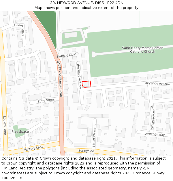 30, HEYWOOD AVENUE, DISS, IP22 4DN: Location map and indicative extent of plot