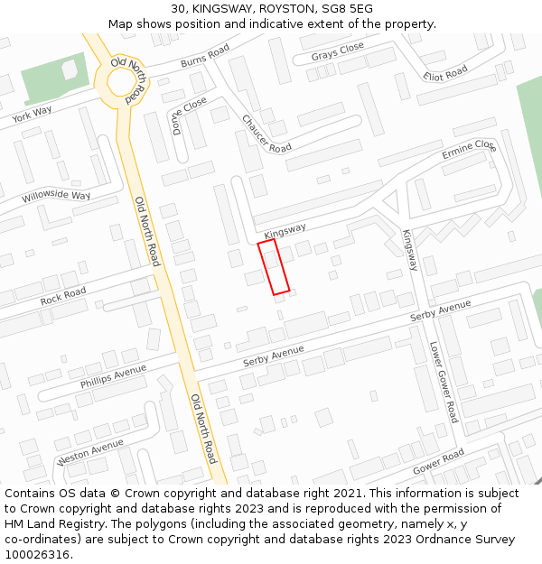 30, KINGSWAY, ROYSTON, SG8 5EG: Location map and indicative extent of plot