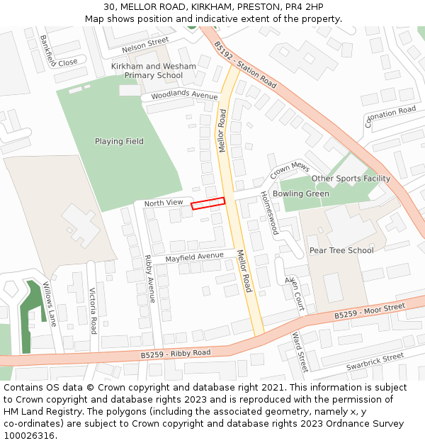 30, MELLOR ROAD, KIRKHAM, PRESTON, PR4 2HP: Location map and indicative extent of plot