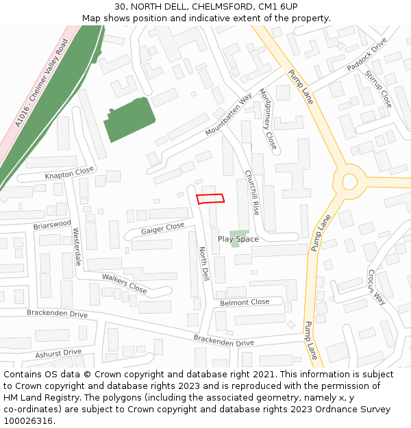 30, NORTH DELL, CHELMSFORD, CM1 6UP: Location map and indicative extent of plot