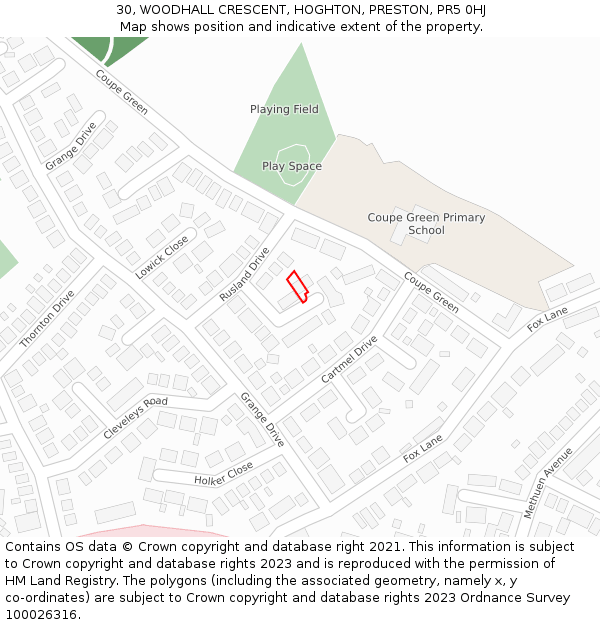 30, WOODHALL CRESCENT, HOGHTON, PRESTON, PR5 0HJ: Location map and indicative extent of plot