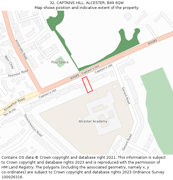 32, CAPTAINS HILL, ALCESTER, B49 6QW: Location map and indicative extent of plot