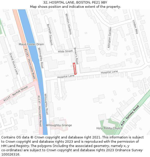 32, HOSPITAL LANE, BOSTON, PE21 9BY: Location map and indicative extent of plot