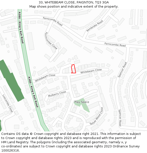33, WHITEBEAM CLOSE, PAIGNTON, TQ3 3GA: Location map and indicative extent of plot