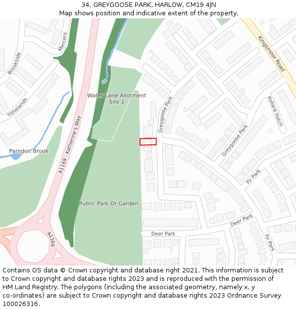 34, GREYGOOSE PARK, HARLOW, CM19 4JN: Location map and indicative extent of plot