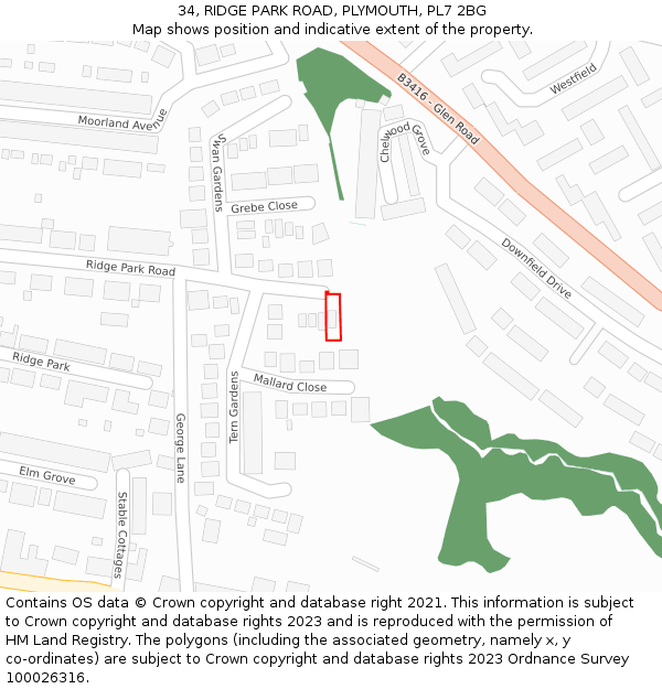 34, RIDGE PARK ROAD, PLYMOUTH, PL7 2BG: Location map and indicative extent of plot