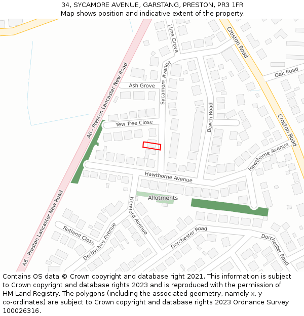 34, SYCAMORE AVENUE, GARSTANG, PRESTON, PR3 1FR: Location map and indicative extent of plot