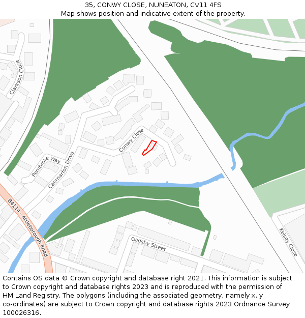 35, CONWY CLOSE, NUNEATON, CV11 4FS: Location map and indicative extent of plot