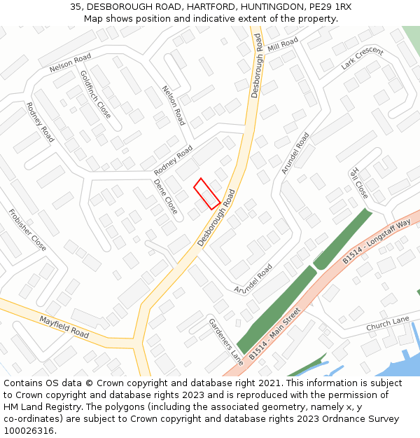 35, DESBOROUGH ROAD, HARTFORD, HUNTINGDON, PE29 1RX: Location map and indicative extent of plot
