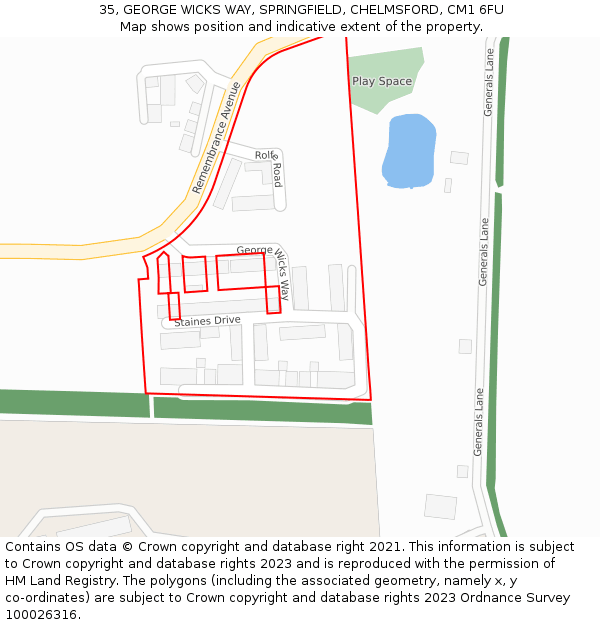 35, GEORGE WICKS WAY, SPRINGFIELD, CHELMSFORD, CM1 6FU: Location map and indicative extent of plot
