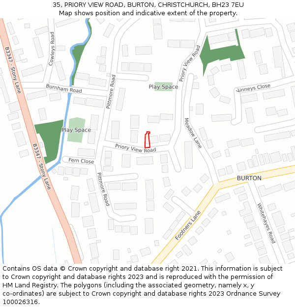 35, PRIORY VIEW ROAD, BURTON, CHRISTCHURCH, BH23 7EU: Location map and indicative extent of plot