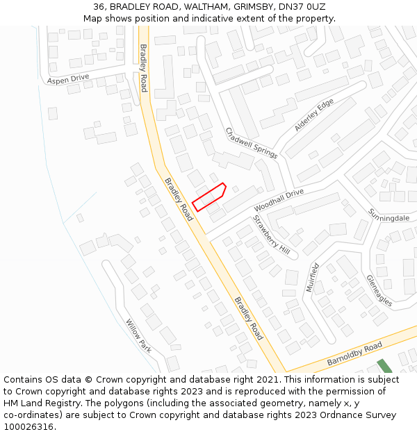 36, BRADLEY ROAD, WALTHAM, GRIMSBY, DN37 0UZ: Location map and indicative extent of plot