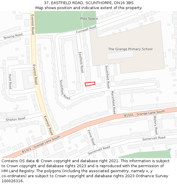 37, EASTFIELD ROAD, SCUNTHORPE, DN16 3BS: Location map and indicative extent of plot