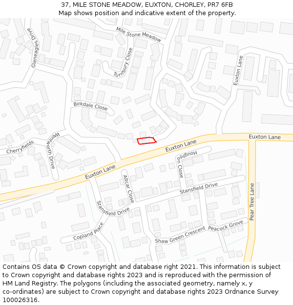37, MILE STONE MEADOW, EUXTON, CHORLEY, PR7 6FB: Location map and indicative extent of plot