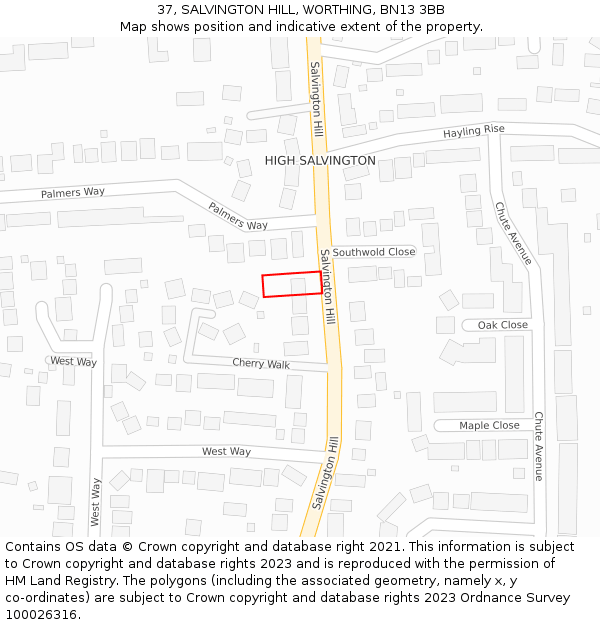 37, SALVINGTON HILL, WORTHING, BN13 3BB: Location map and indicative extent of plot