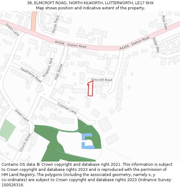 38, ELMCROFT ROAD, NORTH KILWORTH, LUTTERWORTH, LE17 6HX: Location map and indicative extent of plot