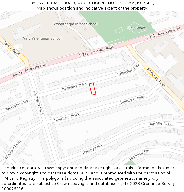 38, PATTERDALE ROAD, WOODTHORPE, NOTTINGHAM, NG5 4LQ: Location map and indicative extent of plot