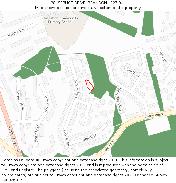 38, SPRUCE DRIVE, BRANDON, IP27 0UL: Location map and indicative extent of plot