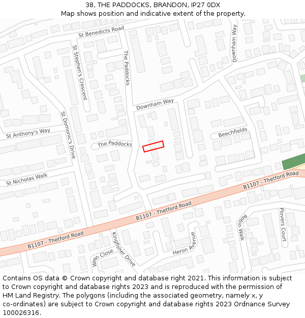 38, THE PADDOCKS, BRANDON, IP27 0DX: Location map and indicative extent of plot