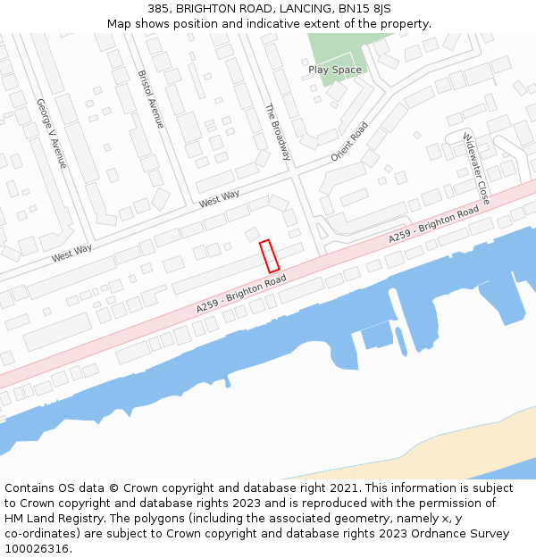 385, BRIGHTON ROAD, LANCING, BN15 8JS: Location map and indicative extent of plot