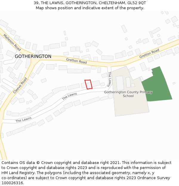 39, THE LAWNS, GOTHERINGTON, CHELTENHAM, GL52 9QT: Location map and indicative extent of plot