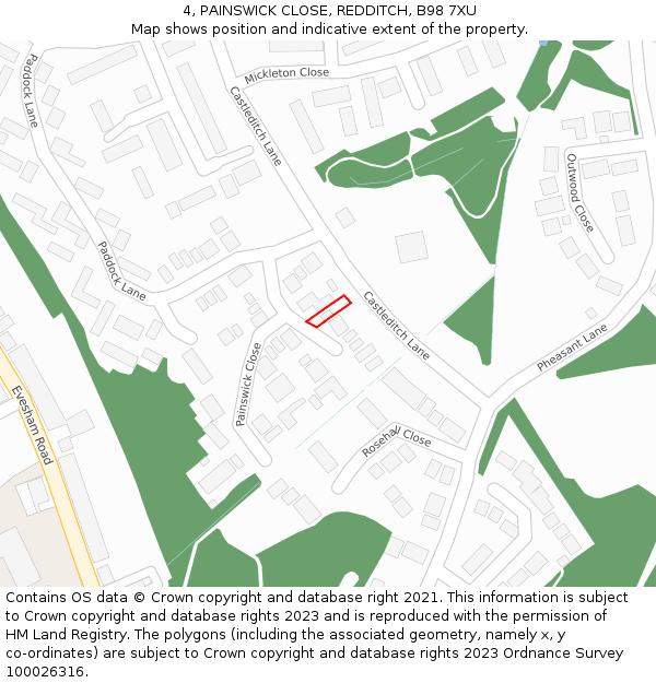 4, PAINSWICK CLOSE, REDDITCH, B98 7XU: Location map and indicative extent of plot