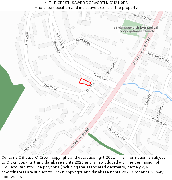 4, THE CREST, SAWBRIDGEWORTH, CM21 0ER: Location map and indicative extent of plot
