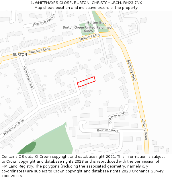 4, WHITEHAYES CLOSE, BURTON, CHRISTCHURCH, BH23 7NX: Location map and indicative extent of plot