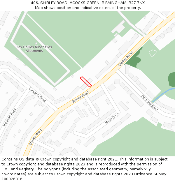 406, SHIRLEY ROAD, ACOCKS GREEN, BIRMINGHAM, B27 7NX: Location map and indicative extent of plot