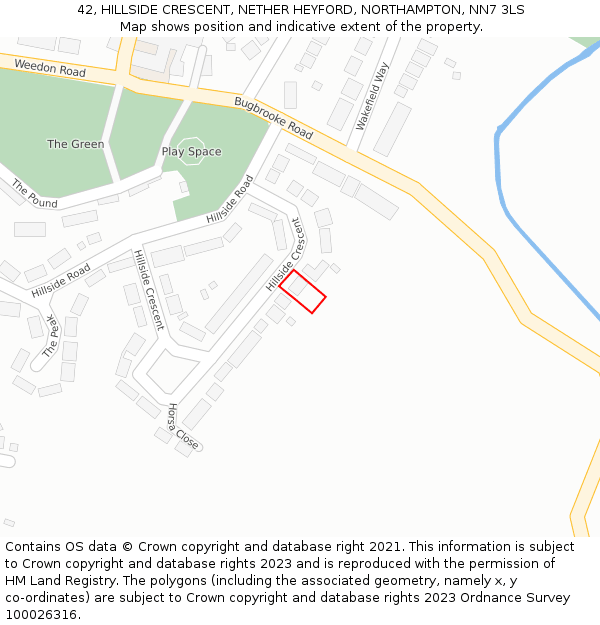 42, HILLSIDE CRESCENT, NETHER HEYFORD, NORTHAMPTON, NN7 3LS: Location map and indicative extent of plot
