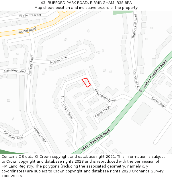 43, BURFORD PARK ROAD, BIRMINGHAM, B38 8PA: Location map and indicative extent of plot