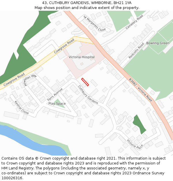 43, CUTHBURY GARDENS, WIMBORNE, BH21 1YA: Location map and indicative extent of plot