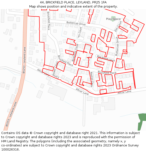 44, BRICKFIELD PLACE, LEYLAND, PR25 1FA: Location map and indicative extent of plot