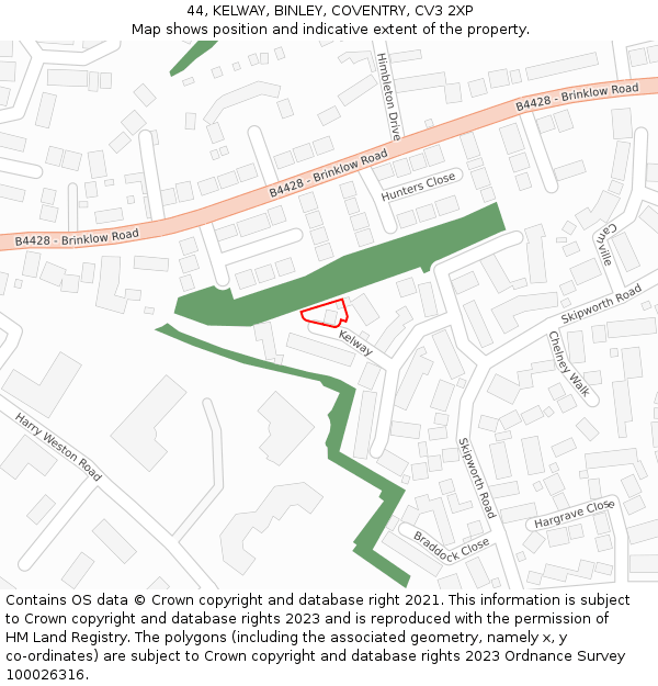 44, KELWAY, BINLEY, COVENTRY, CV3 2XP: Location map and indicative extent of plot