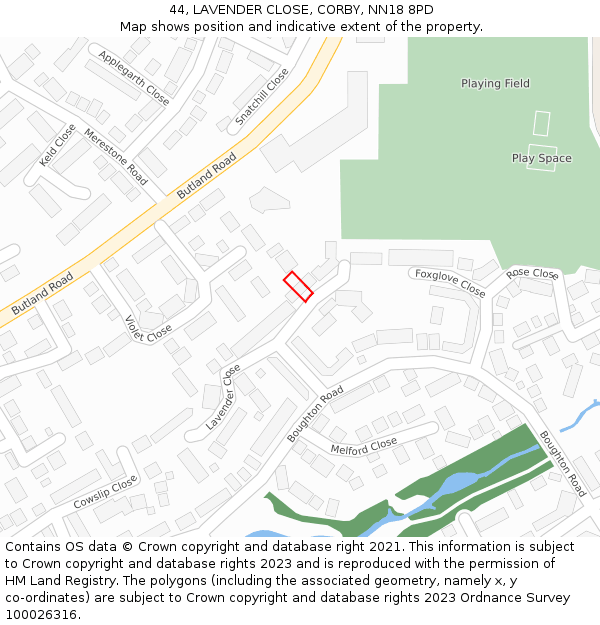 44, LAVENDER CLOSE, CORBY, NN18 8PD: Location map and indicative extent of plot